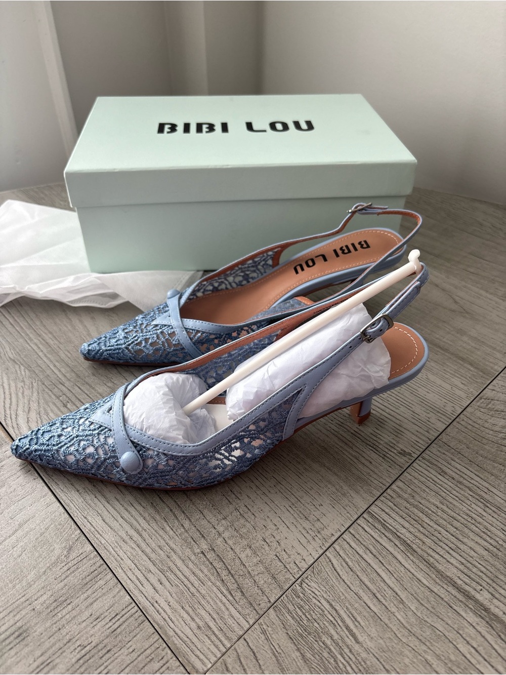 Anthropologie Bibi Lou Embroidered Mesh Slingback Kitten Heels in Light Blue